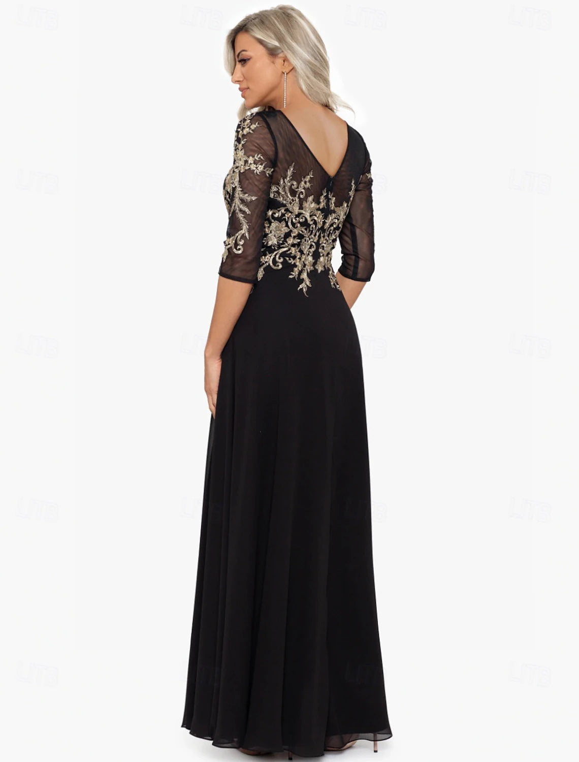 Buyishang A-Line Dress Mother of the Bride Dress Elegant Jewel Neck Floor Length Chiffon Half Sleeve with Appliques Color Block free custom size